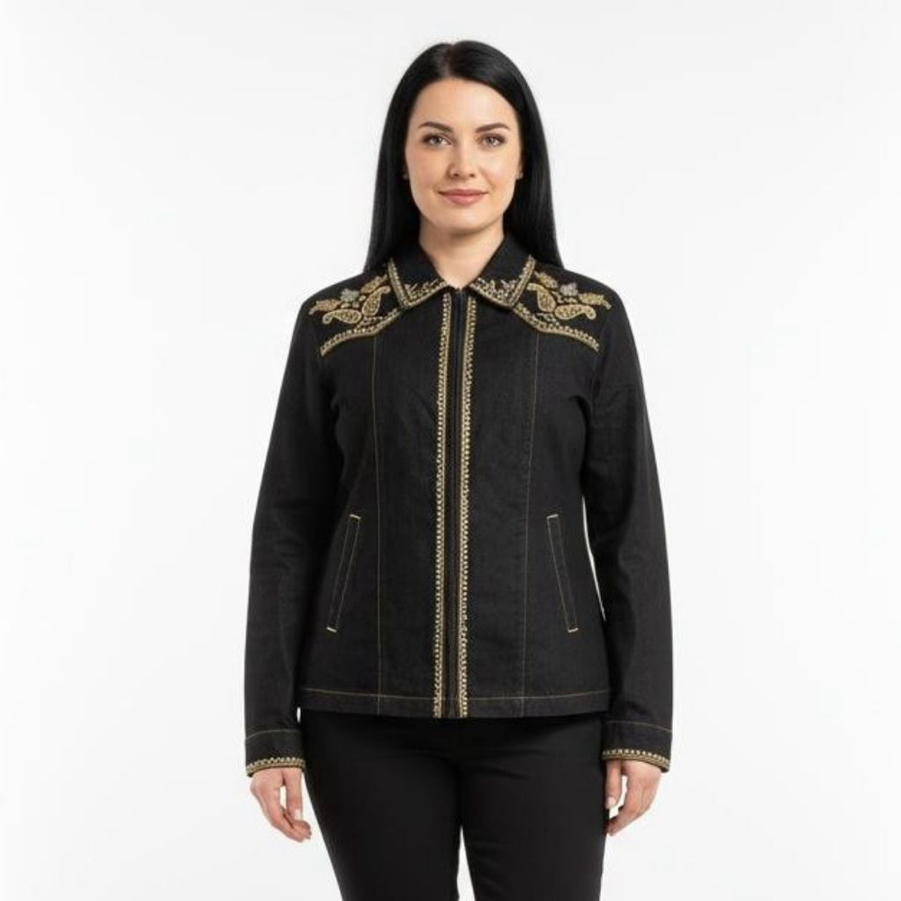 Victor Costa Occasions Embroidered Black Denim Jacket